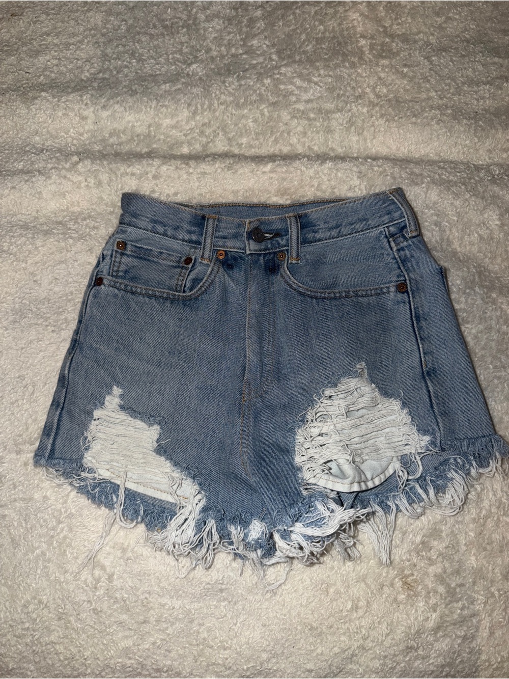 High-Rise Distressed Denim Shorts - Light Blue